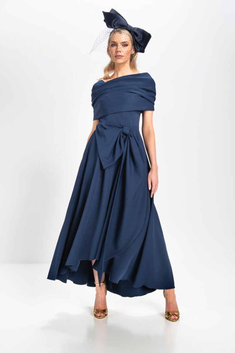 Kevan Jon Safia Navy Bow Flare & Cape Dress