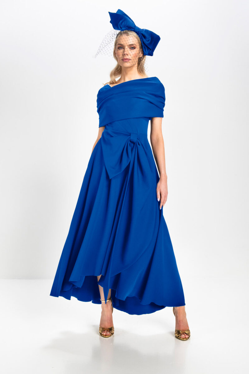Kevan Jon Safia Cobalt Bow Flare & Cape Dress
