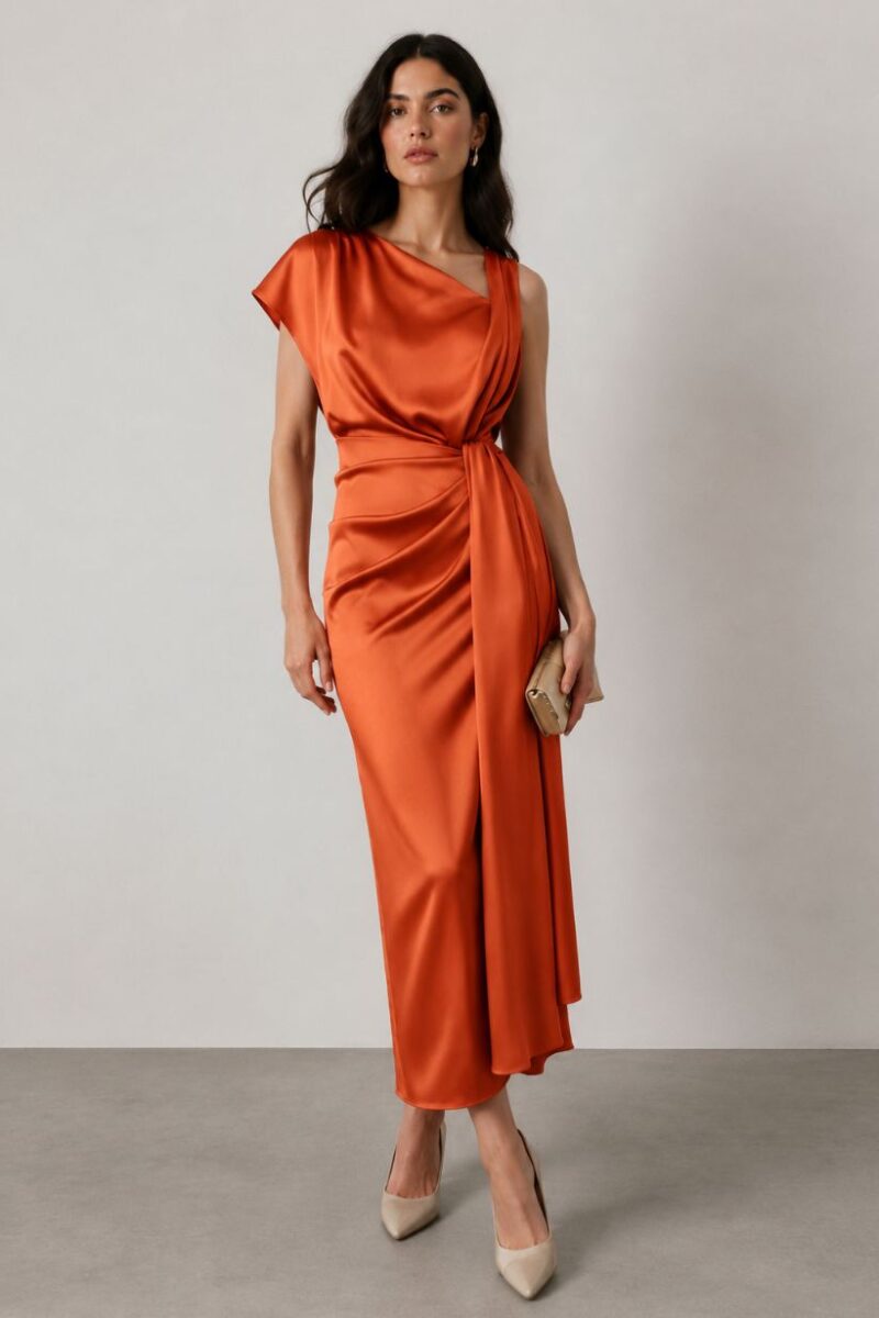Woman in an orange satin wrap midi dress with a draped bodice and tied waist, holding a beige clutch.