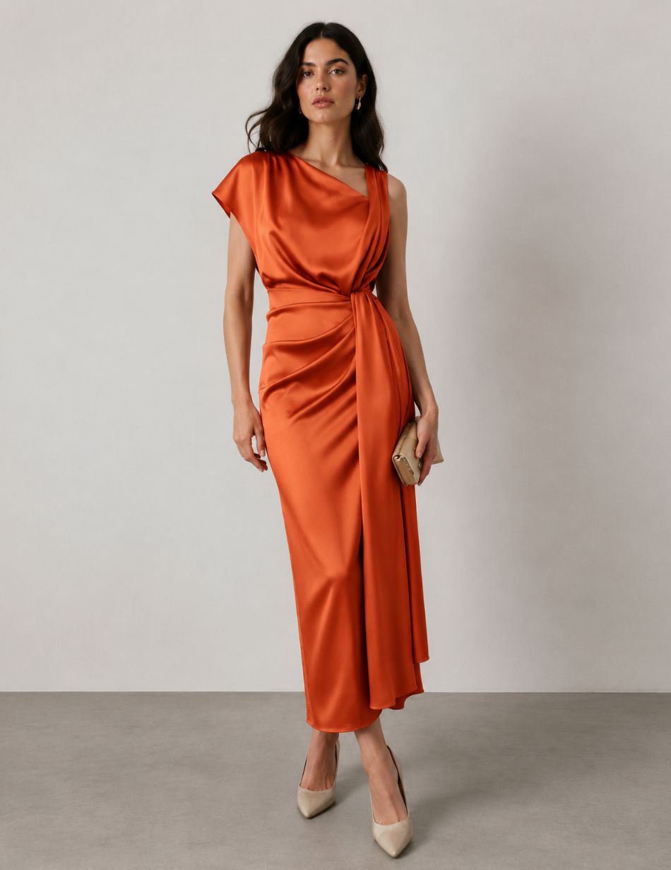 Woman in an orange satin wrap midi dress with a draped bodice and tied waist, holding a beige clutch.
