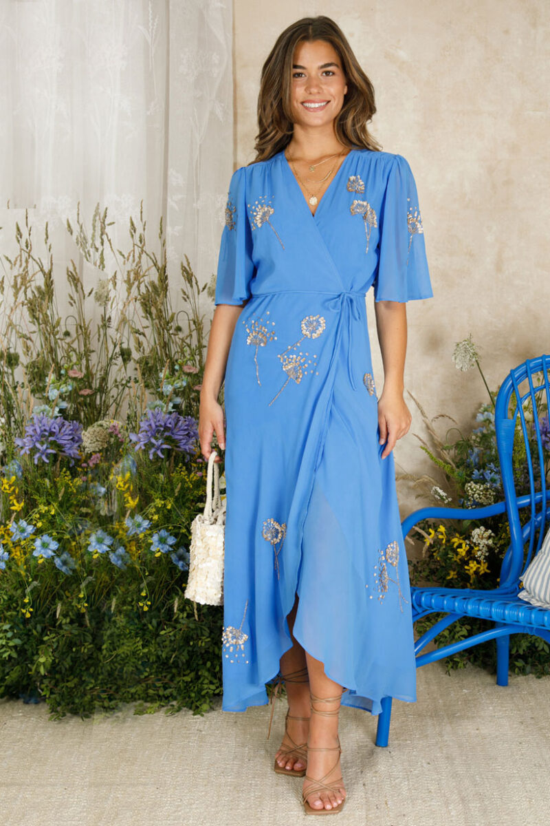 Hope & Ivy Mallory Blue Sparkle Wrap Dress