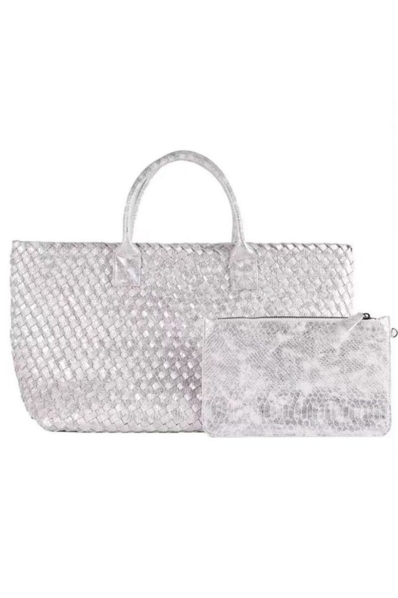 Woven Silver Tote Bag Set