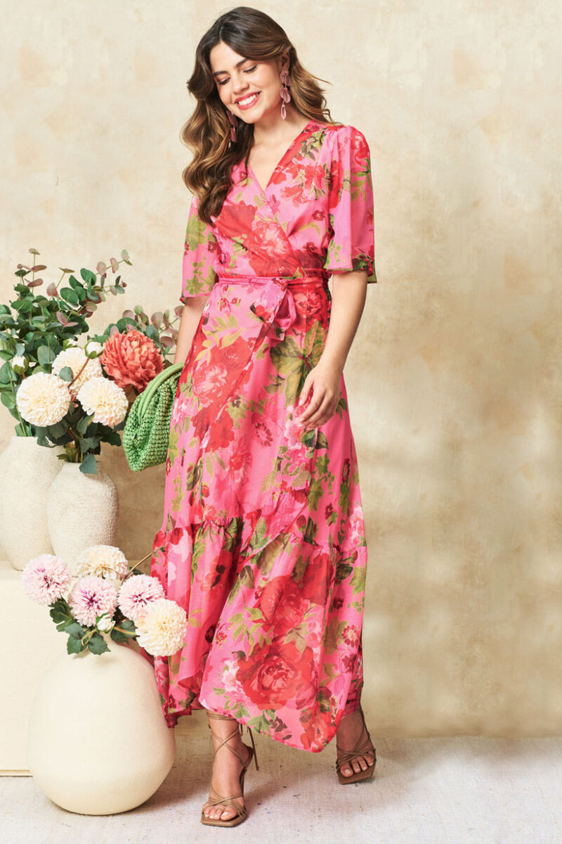 Hope & Ivy Roxanne Pink Floral Wrap Dress
