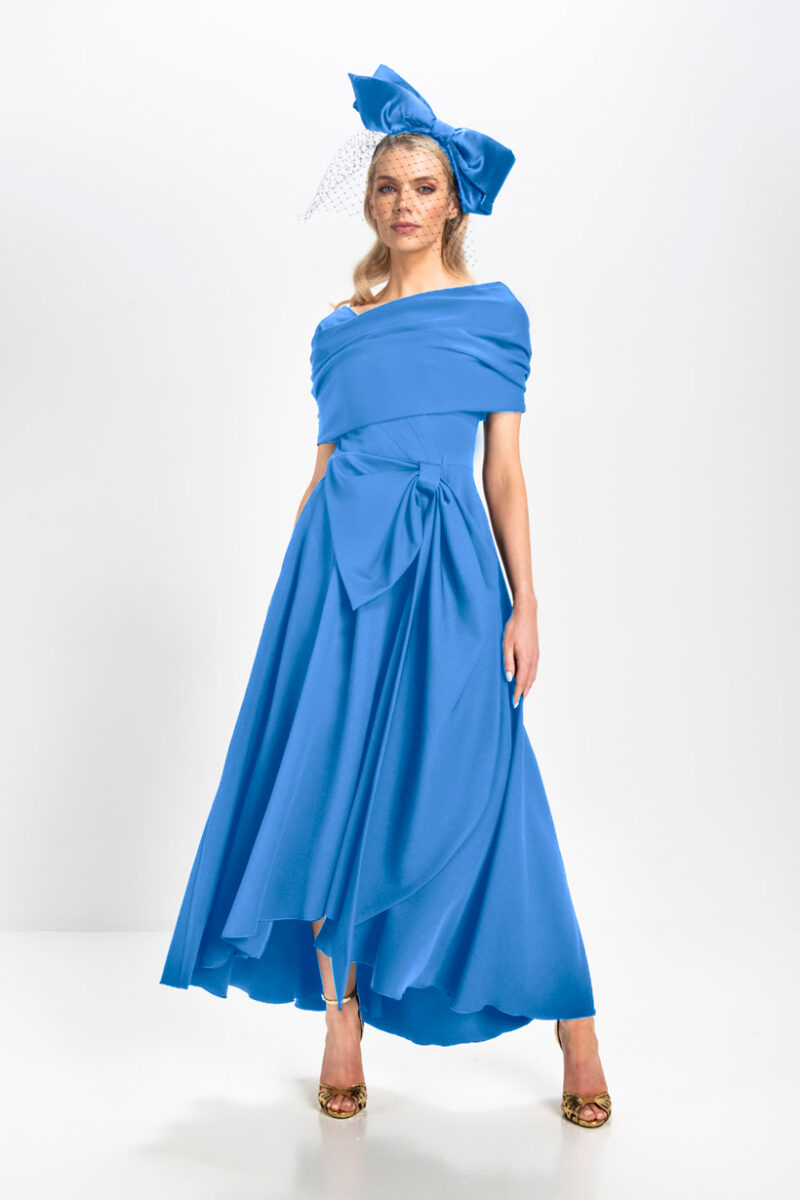 Kevan Jon Safia Sapphire Bow Flare & Cape Dress