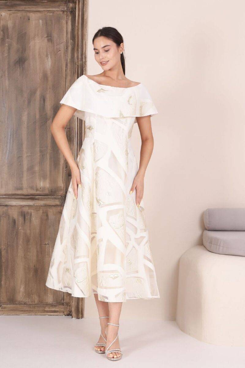 Lizabella 2358-21 Bardot Gold & Cream Dress