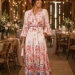Woman in a pink floral midi dress with a bow belt and pink fascinator at a string-lit rustic wedding reception.