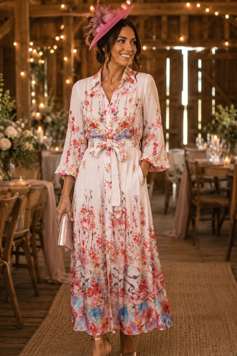 Woman in a pink floral midi dress with a bow belt and pink fascinator at a string-lit rustic wedding reception.