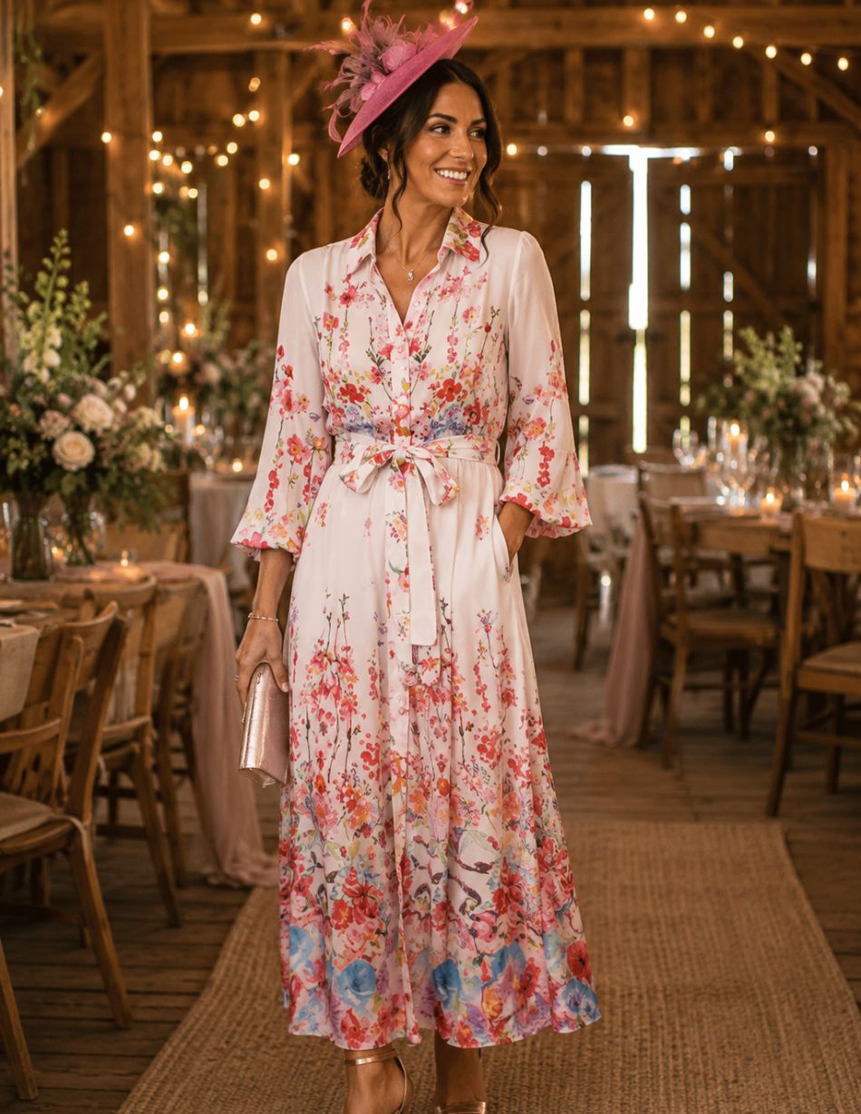 1 Woman in a pink floral midi dress with a bow belt and pink fascinator at a string-lit rustic wedding reception.