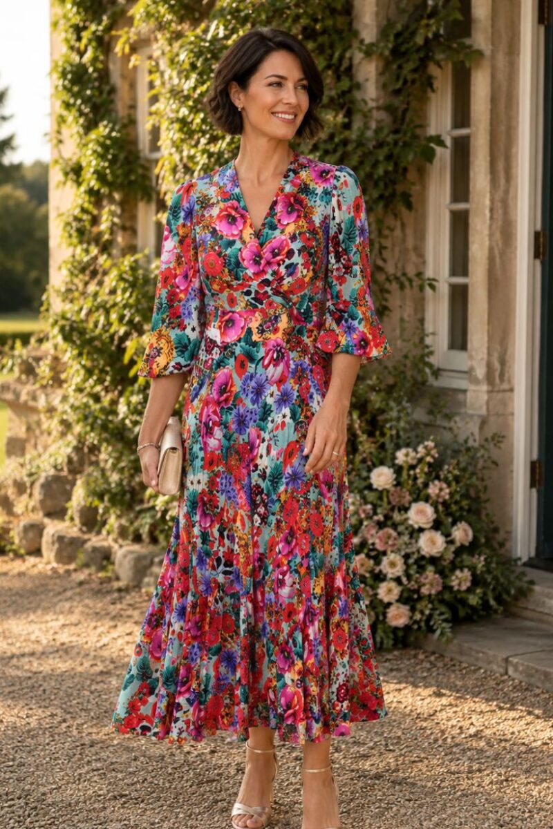 Woman in a colorful floral dress stands on a gravel path beside a stone house with roses, smiling.