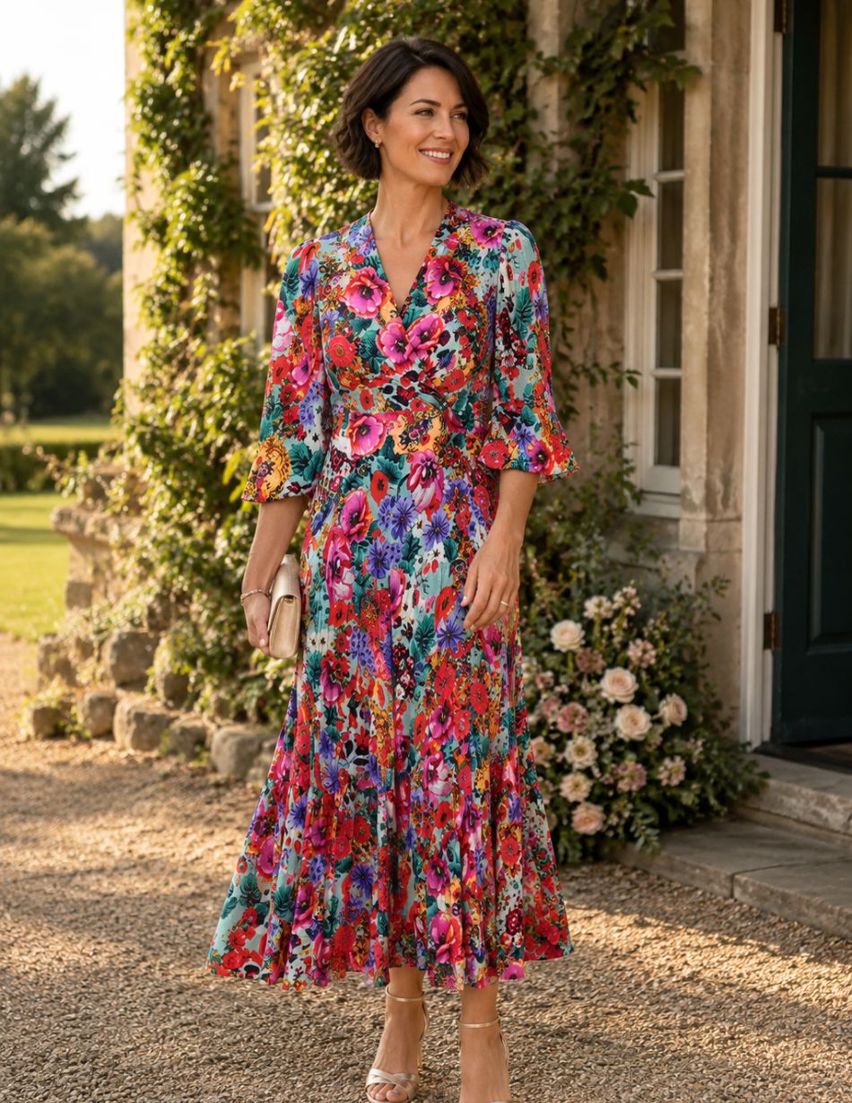 Woman in a colorful floral dress stands on a gravel path beside a stone house with roses, smiling.