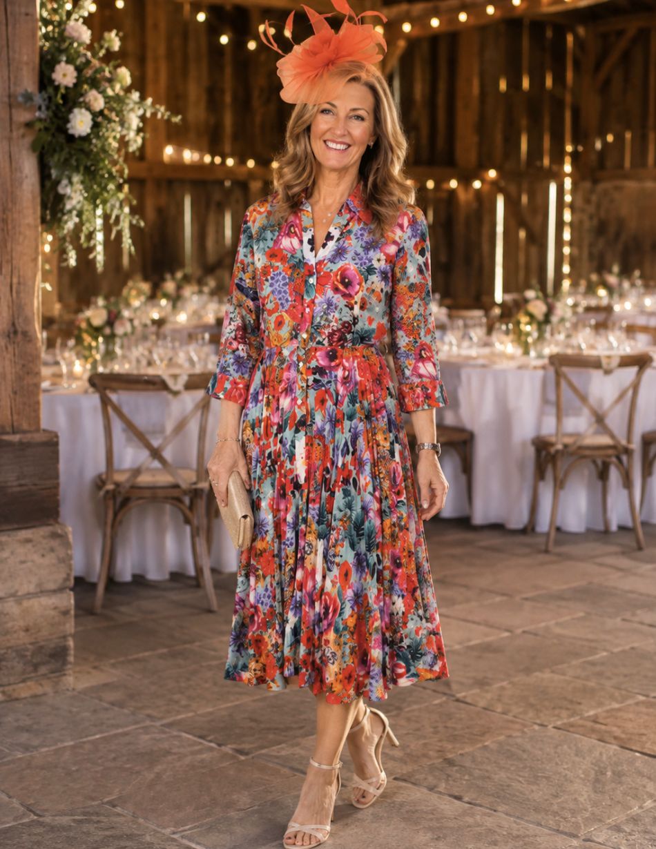 3 Smiling woman in a bright floral midi dress with a coral fascinator and beige clutch at a rustic reception venue.