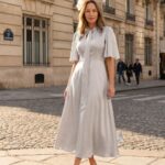Stylish woman wearing a light gray midi dress with cape sleeves and a cream floral headpiece on a Paris street.