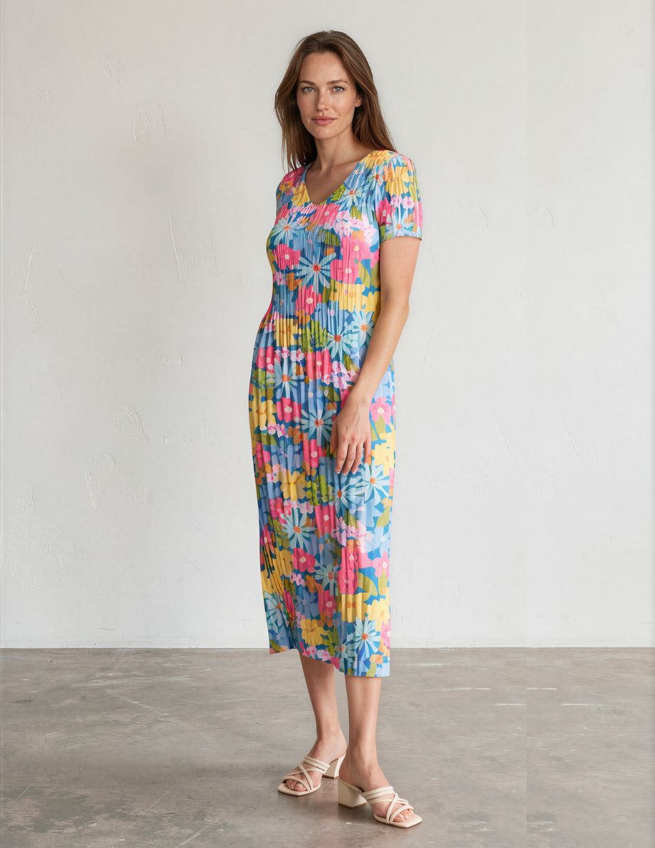Leo & Ugo Blue Floral Pleat Dress