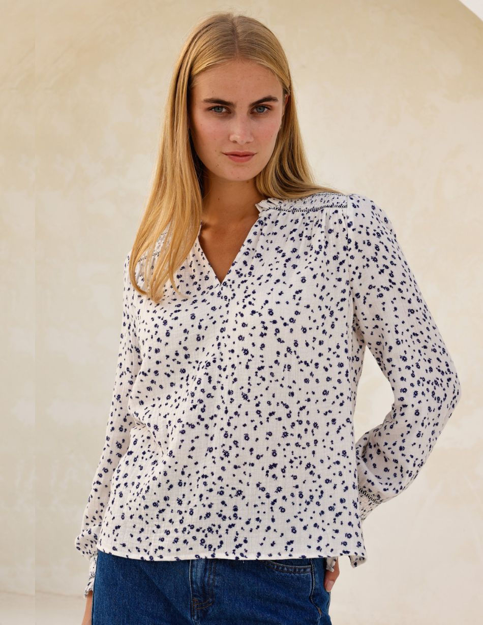 Aspiga Smocked White & Navy Blouse Aspiga Smocked White & Navy Blouse