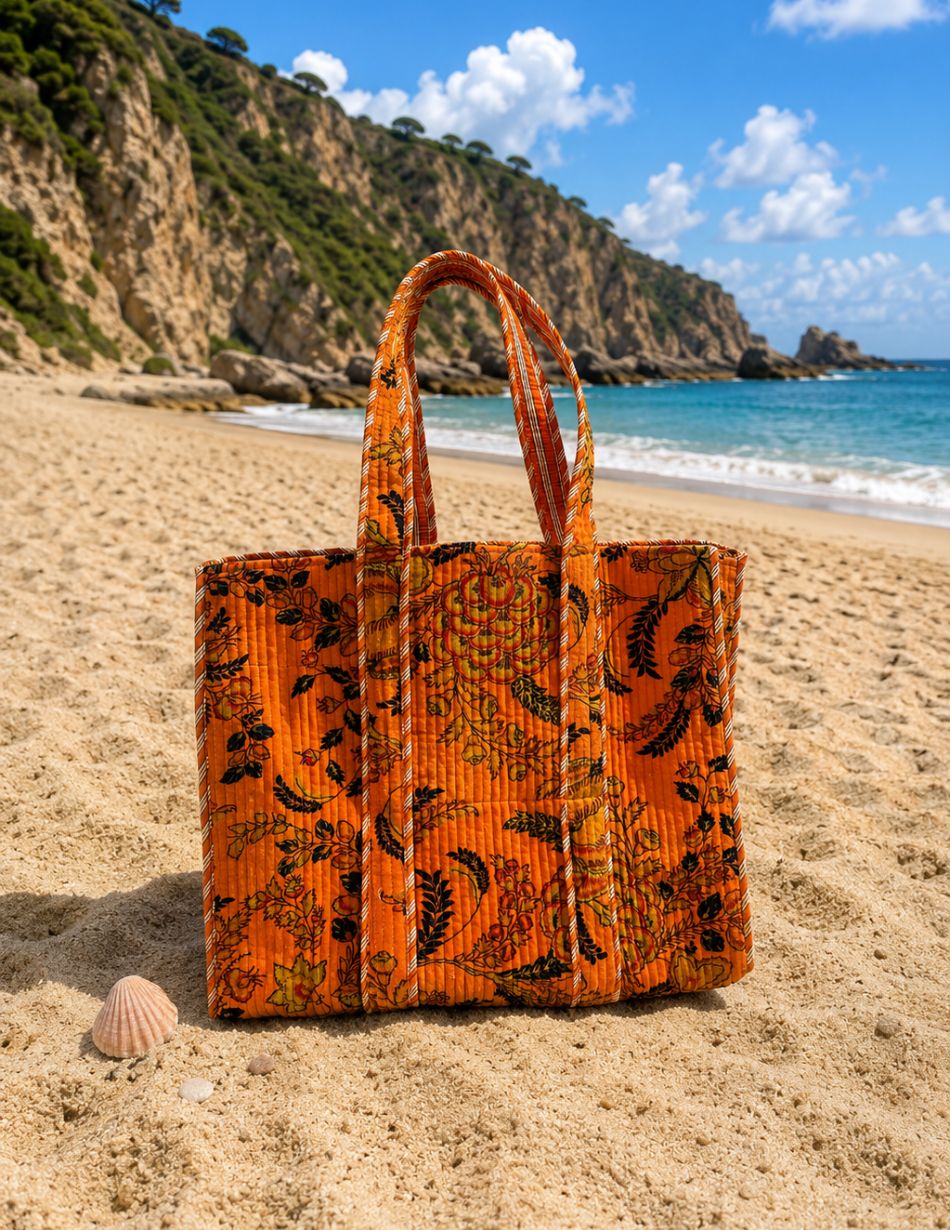 Velvet Orange Floral Print Tote Bag