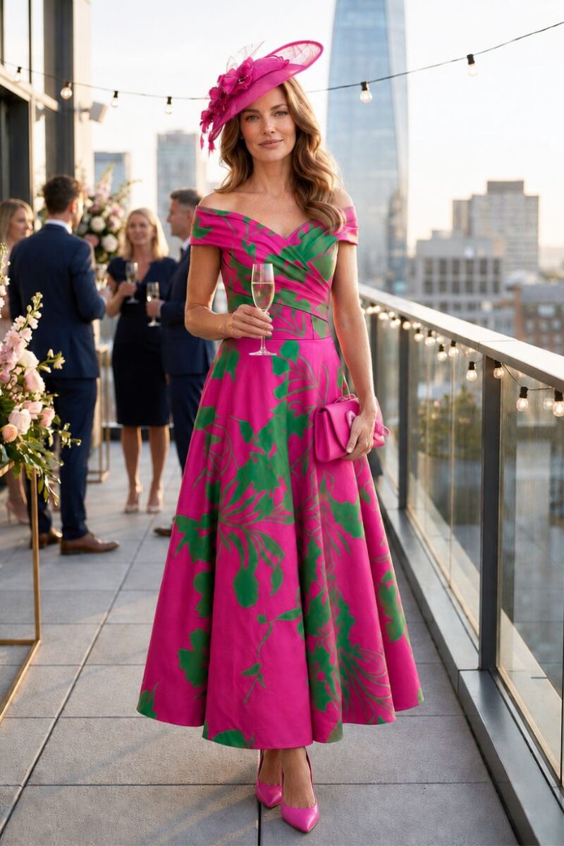 Veni Infantino Mikado Fuchsia & Green Print Dress
