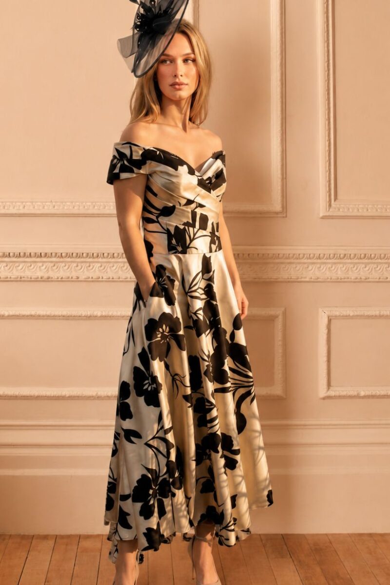 Veni Infantino Mikado Gold & Black Print Dress
