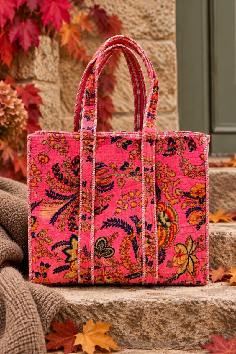 Velvet Pink Floral Print Tote Bag