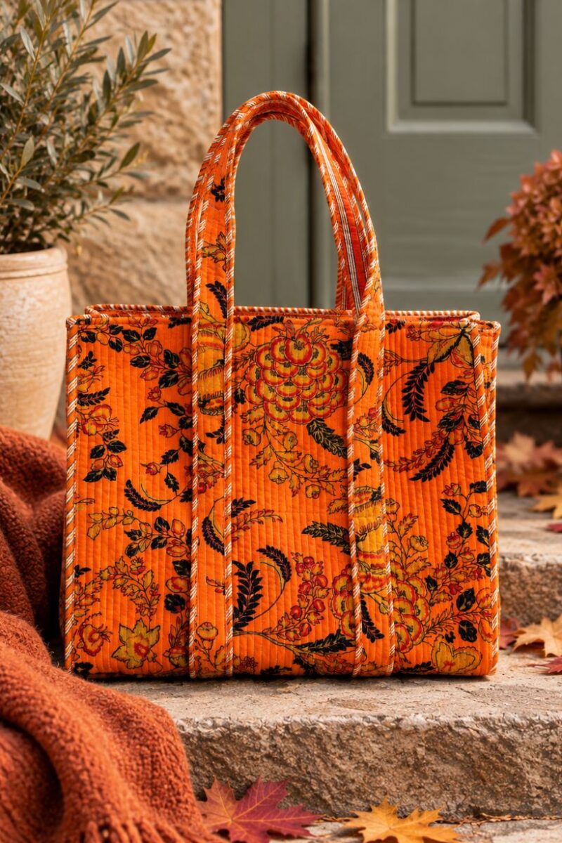 Velvet Orange Floral Print Tote Bag