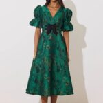 8th Sign Callie Bow Emerald Green Jacquard Dress
