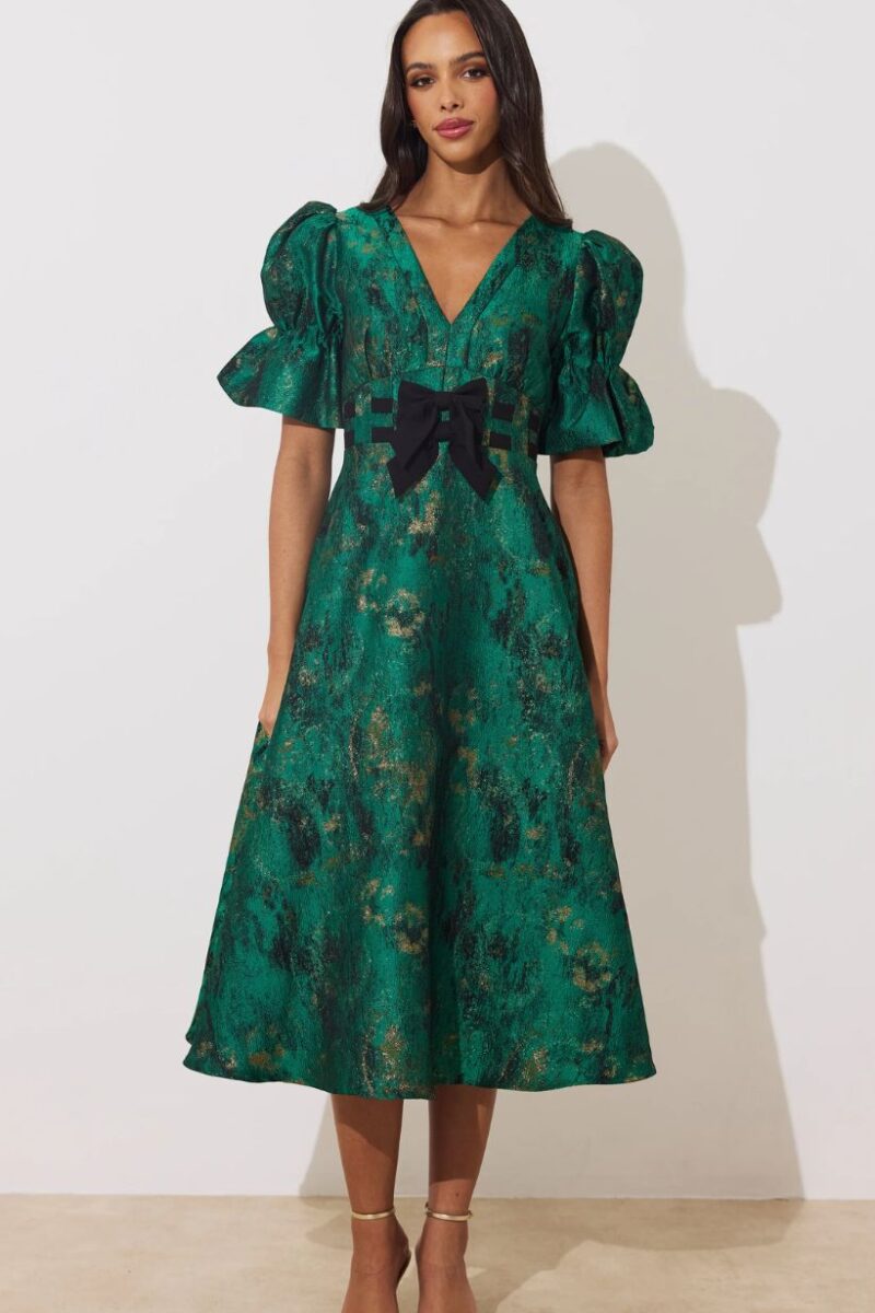 8th Sign Callie Bow Emerald Green Jacquard Dress