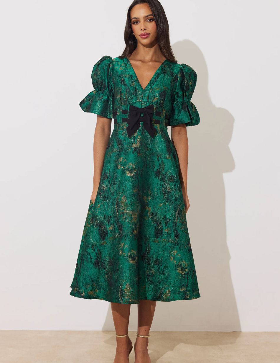 8th Sign Callie Bow Emerald Green Jacquard Dress