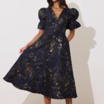 8th Sign Callie Button Navy & Gold Jacquard Dress