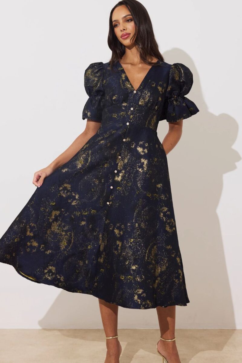 8th Sign Callie Button Navy & Gold Jacquard Dress