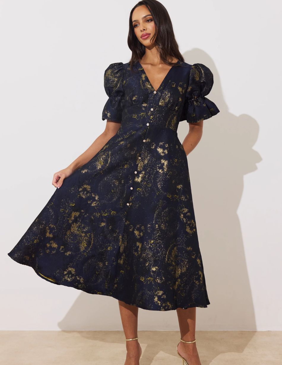 8th Sign Callie Button Navy & Gold Jacquard Dress