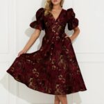 8th Sign Callie Button Oxblood Jacquard Dress