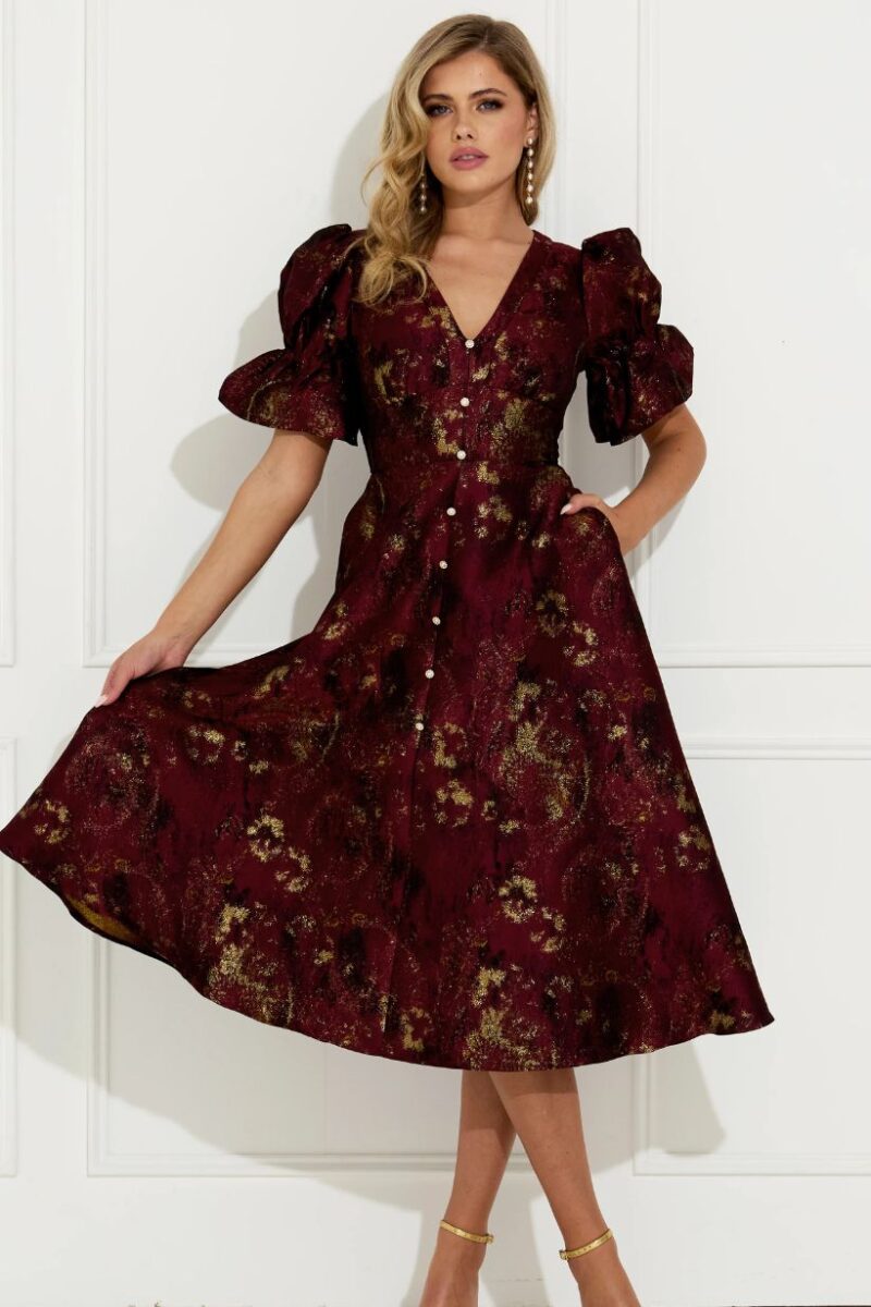 8th Sign Callie Button Oxblood Jacquard Dress