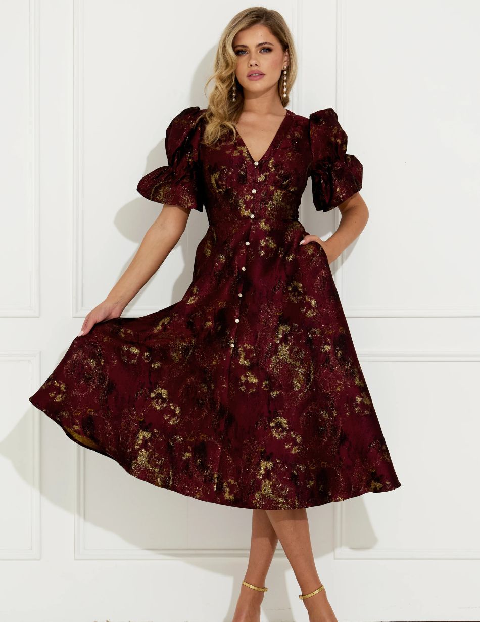 8th Sign Callie Button Oxblood Jacquard Dress 8th Sign Callie Button Oxblood Jacquard Dress