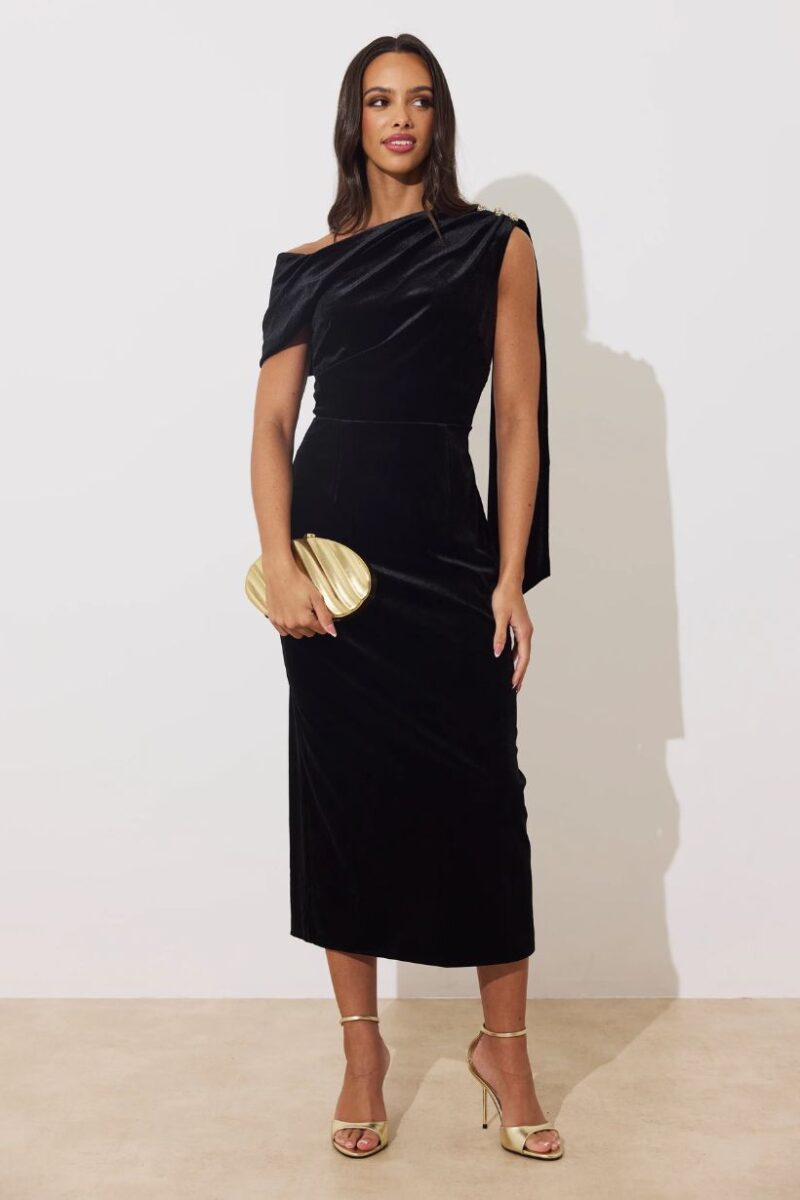 8th Sign Eleni Black Velvet One Shoulder Dress