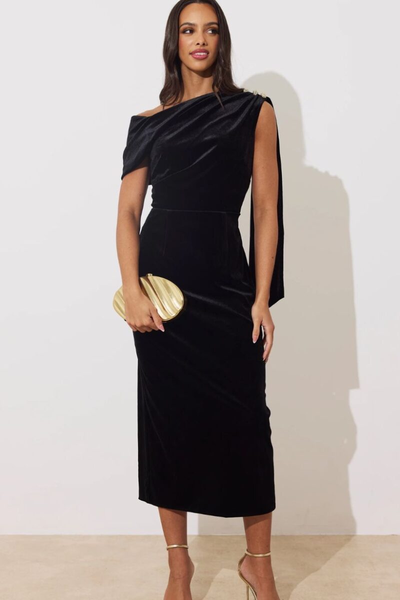 8th Sign Eleni Black Velvet One Shoulder Dress