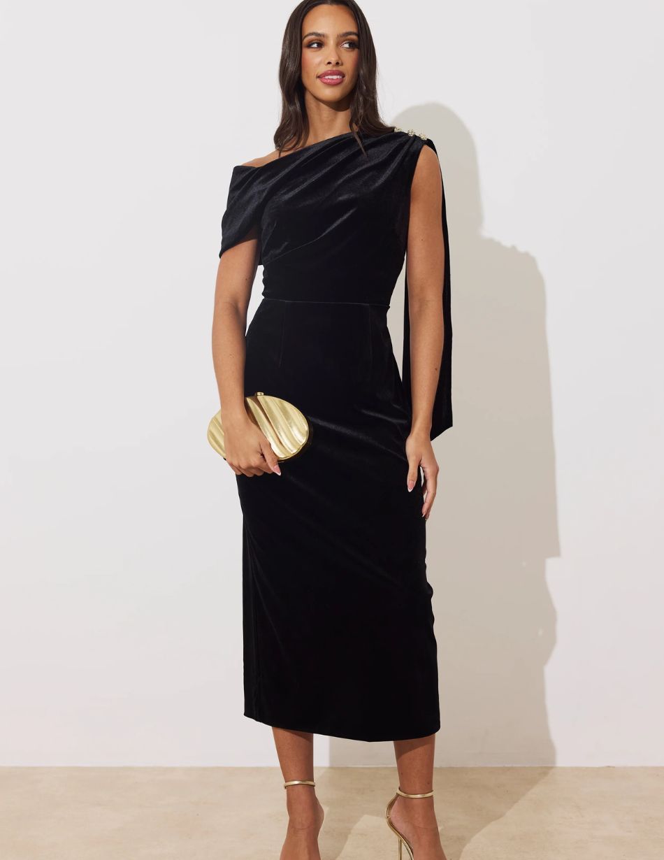 8th Sign Eleni Black Velvet One Shoulder Dress 8th Sign Eleni Black Velvet One Shoulder Dress