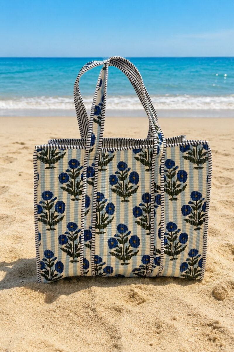 Blue Stripe & Flower Tote Bag