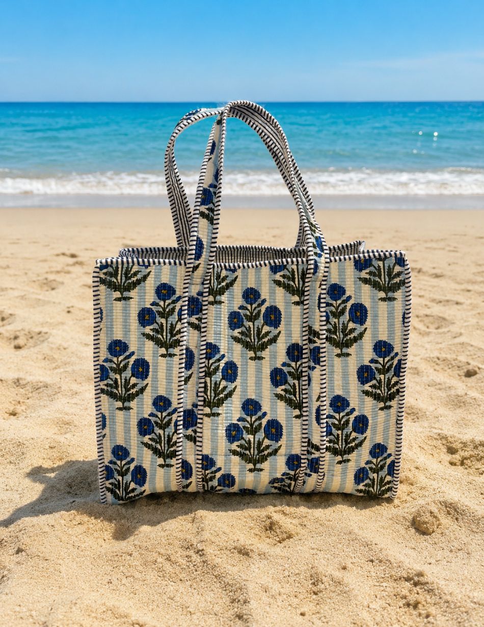 Blue Stripe & Flower Tote Bag