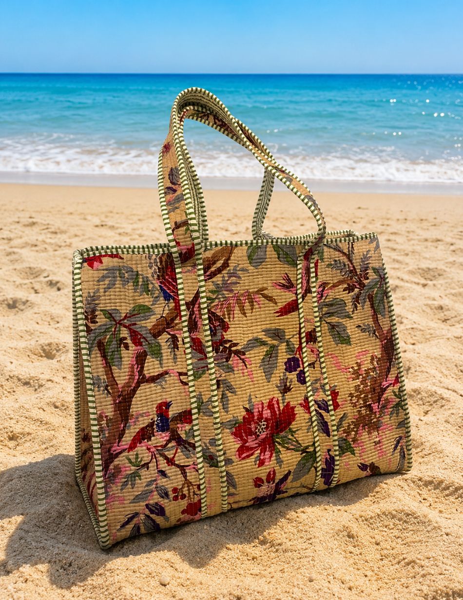 Woven floral beach bag on sand with blue ocean in the background, capturing a sunny seaside scene.