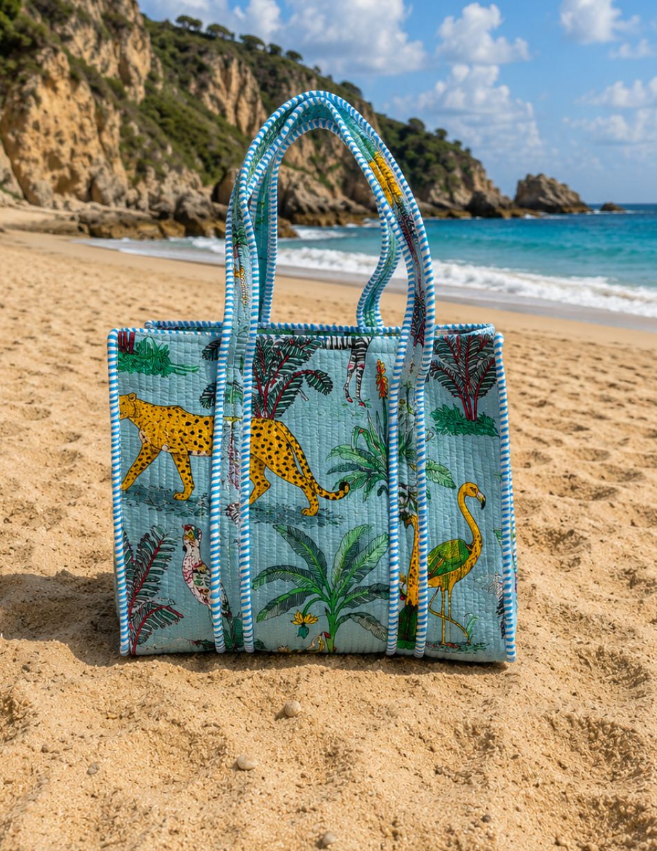 Velvet Blue Tropical Print Tote Bag