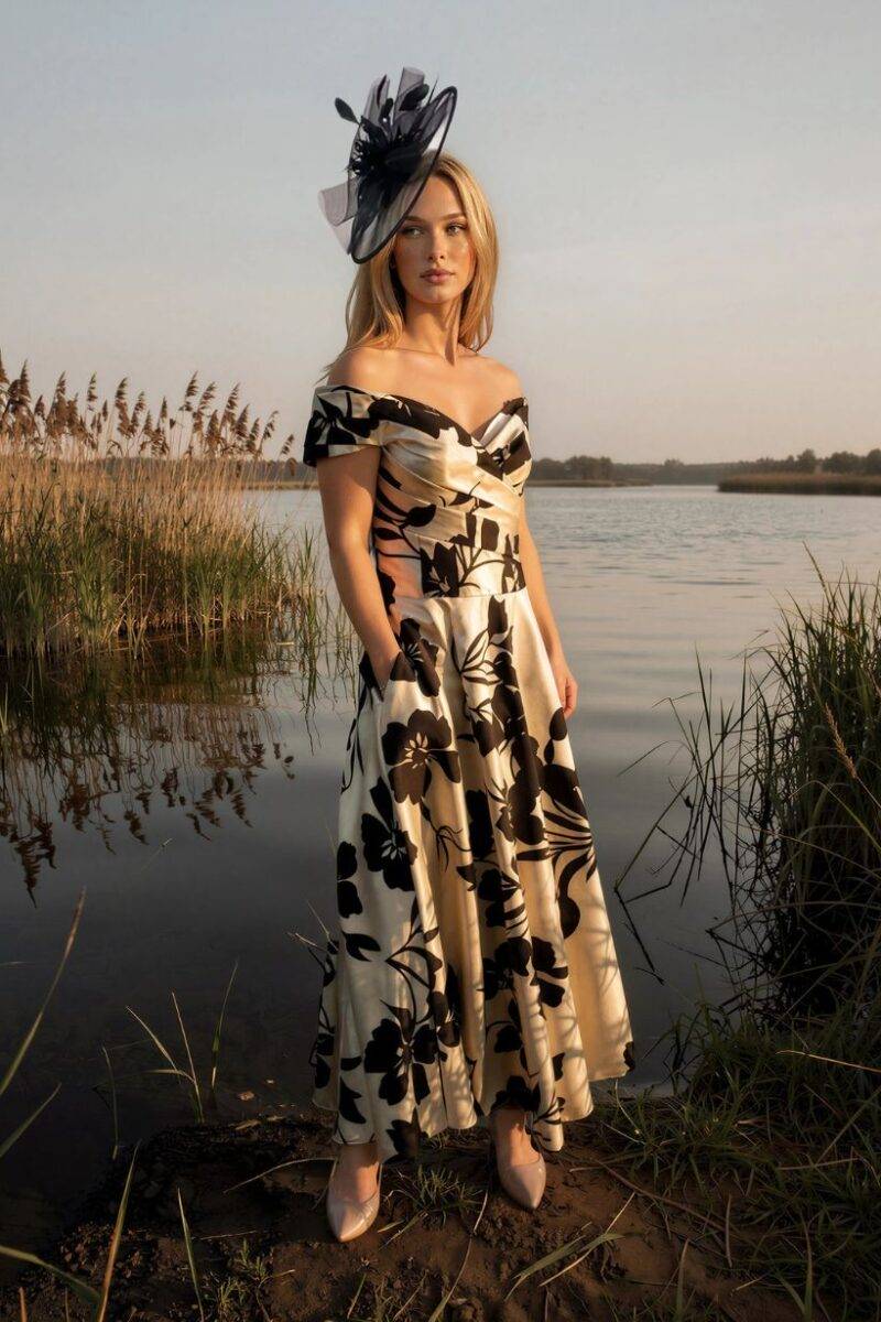 Veni Infantino Mikado Gold & Black Print Dress