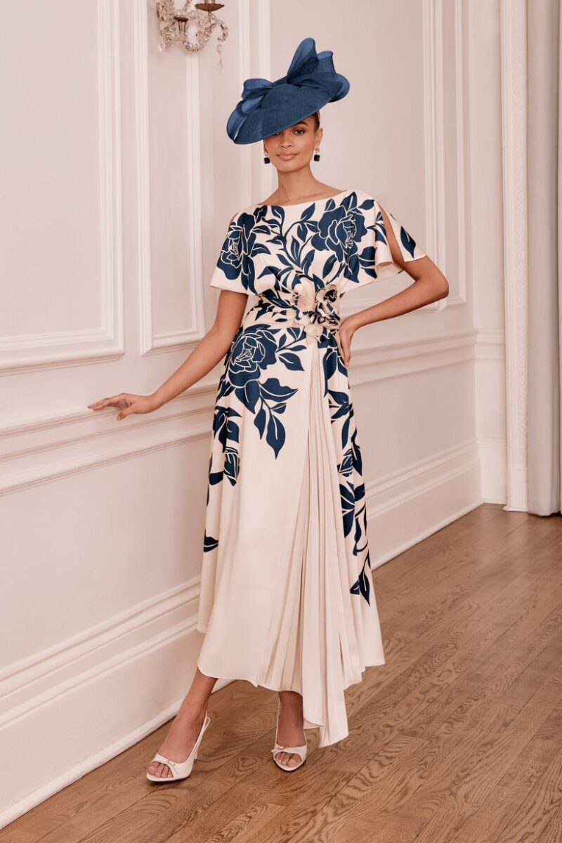 John Charles 66782B Navy & Ecru Floral Detail Dress