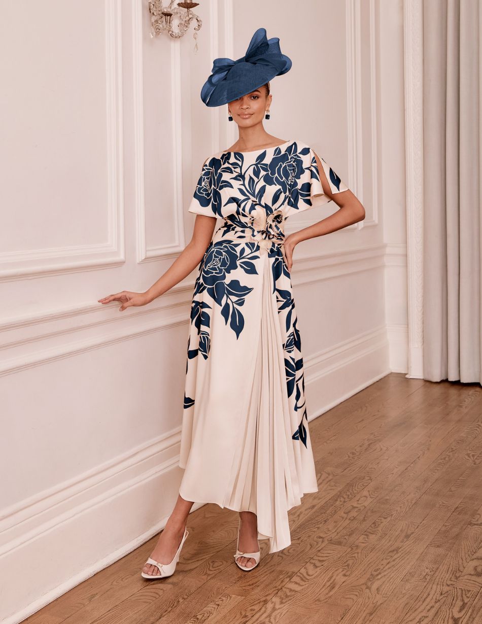 John Charles 66782B Navy & Ecru Floral Detail Dress