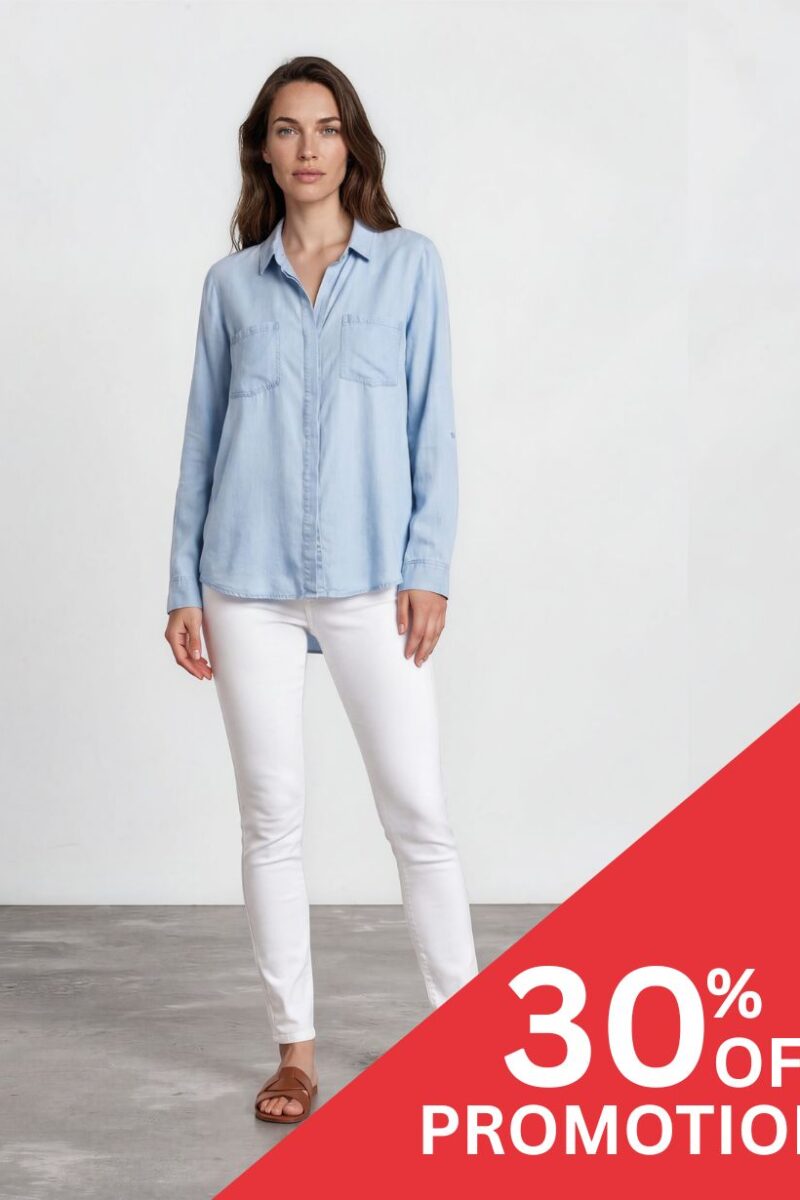 Model wearing a light blue button-down shirt and white jeans against a plain background with a red 30% OFF promotion banner in the bottom-right corner.
