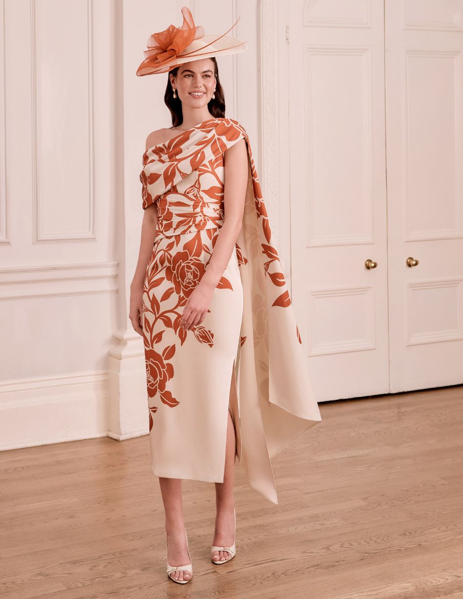 John Charles 66795B Terracotta & Ecru Cape Dress John Charles 66795B Terracotta & Ecru Cape Dress