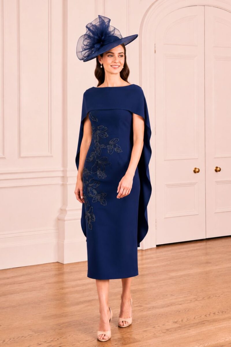 John Charles 66875 Navy Beaded Flower Dress