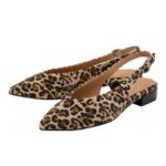 Leopard print slingback flats with pointed toes and a small black block heel.