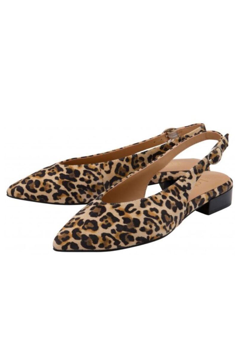 Leopard print slingback flats with pointed toes and a small black block heel.