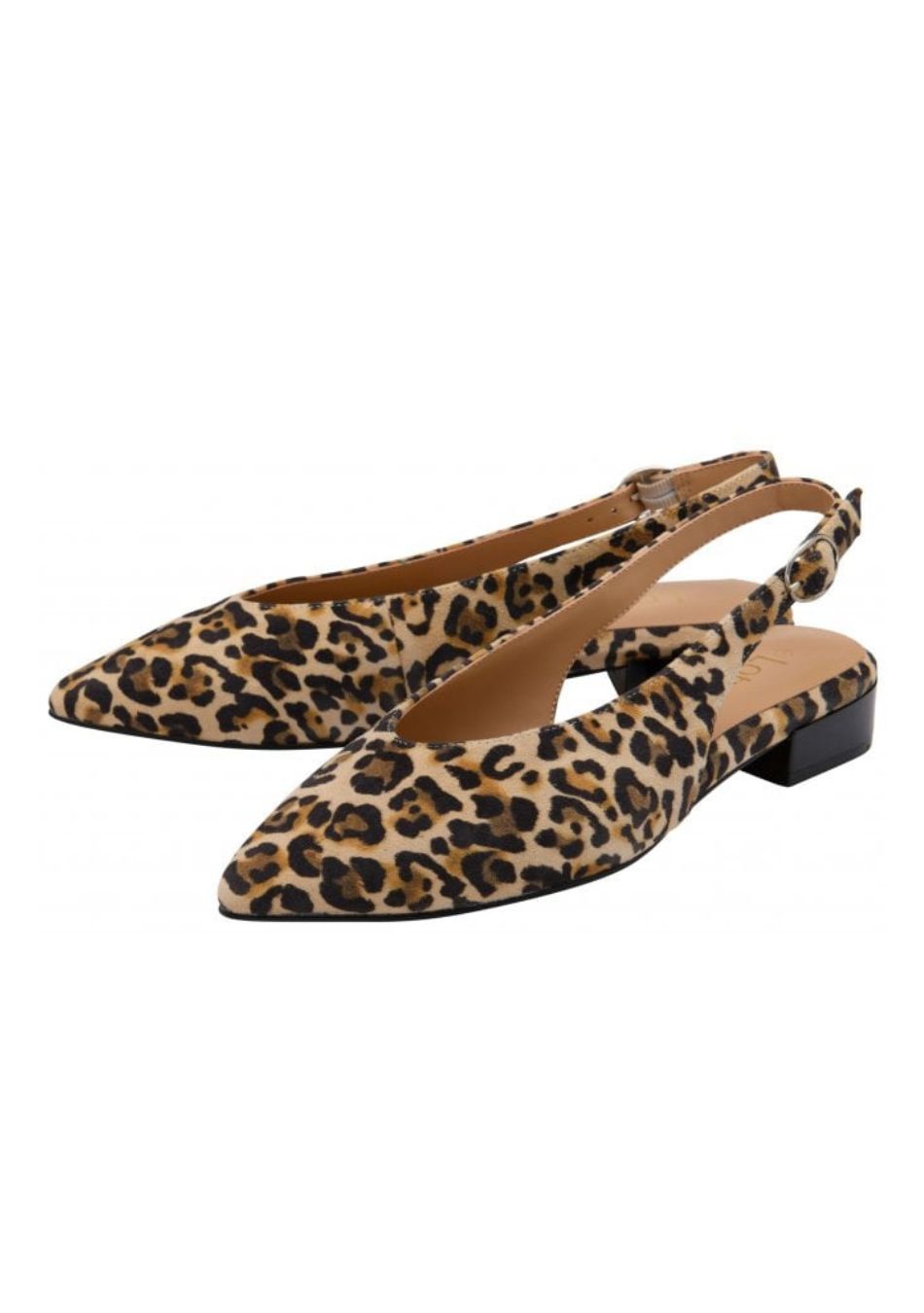 Leopard print slingback flats with pointed toes and a small black block heel.