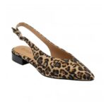 Leopard-print slingback pump with a small black block heel and ankle strap