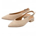 Beige suede slingback pointed-toe pumps with a low block heel and ankle strap.